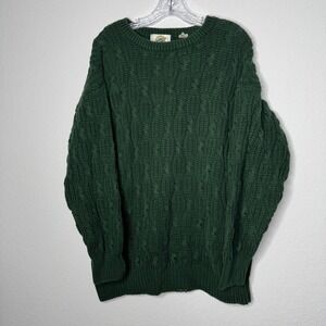 Field Gear Hunter Green Cable Knit Fisherman Sweater Mens Size L Cotton Vintage